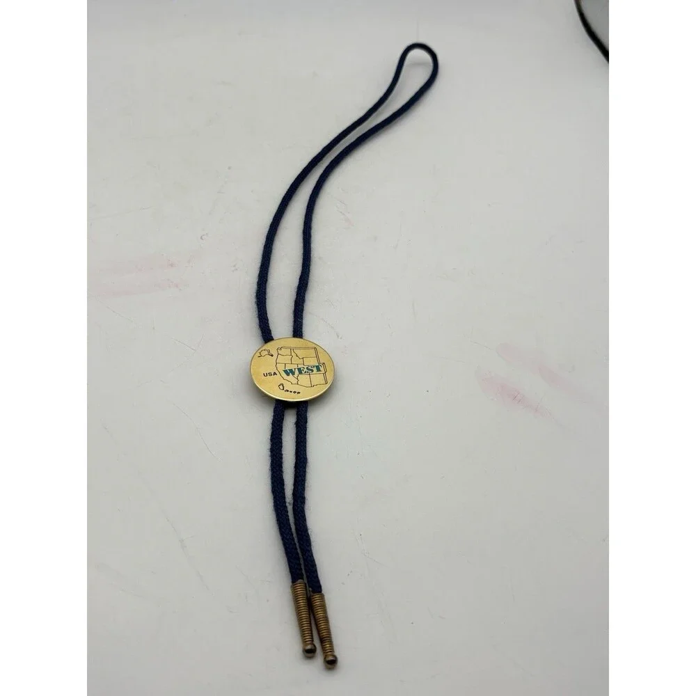 Vintage USA West Map Bolo Tie Gold Tone Blue Cord Western Cowboy Southwest